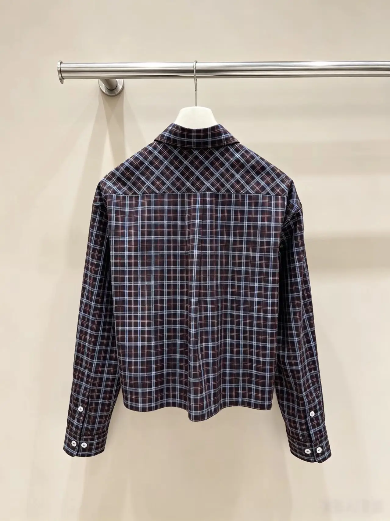 New retro dark brown plaid short shirt with button down collar, loose shoulder, long sleeved layering, college style top women