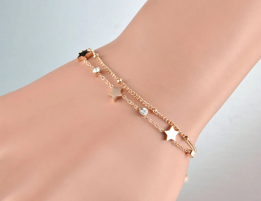 Lokaer doppio strato CZ Ctystal Star braccialetto di fascino braccialetto per le donne in acciaio inox boemia catena di collegamento bracciali