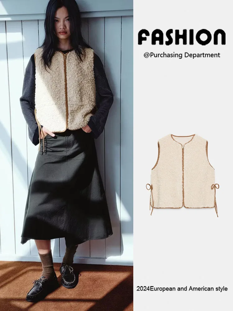 

Women's Faionable round Ne Adjustable Waist Lamb Velvet Vest New Arrival Winter Season Versatile ort Outerwear Jaet