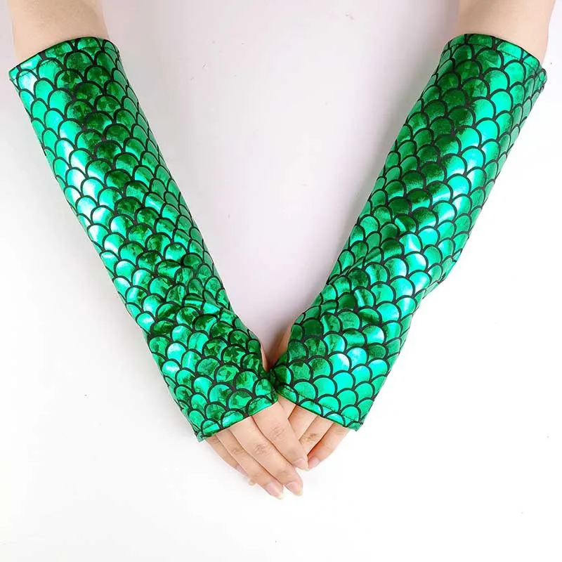 

Halloween Stage Performance Accessories Punk Fish Scale Fingerless Mittens Cosplay Female Colorful Mermaid Patent Leather Gloves