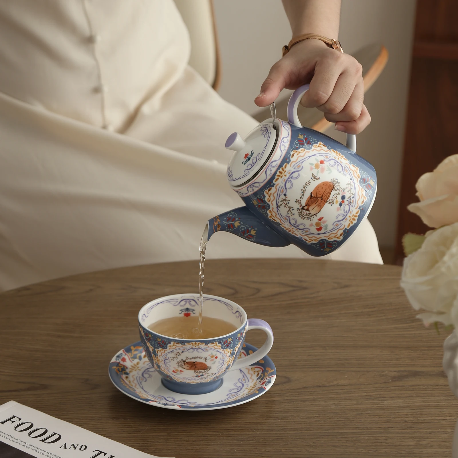 London Pottery 500ML fox bone china tea pot with infuser ceramic teapot porcelain kettle,300 ml cup and saucers