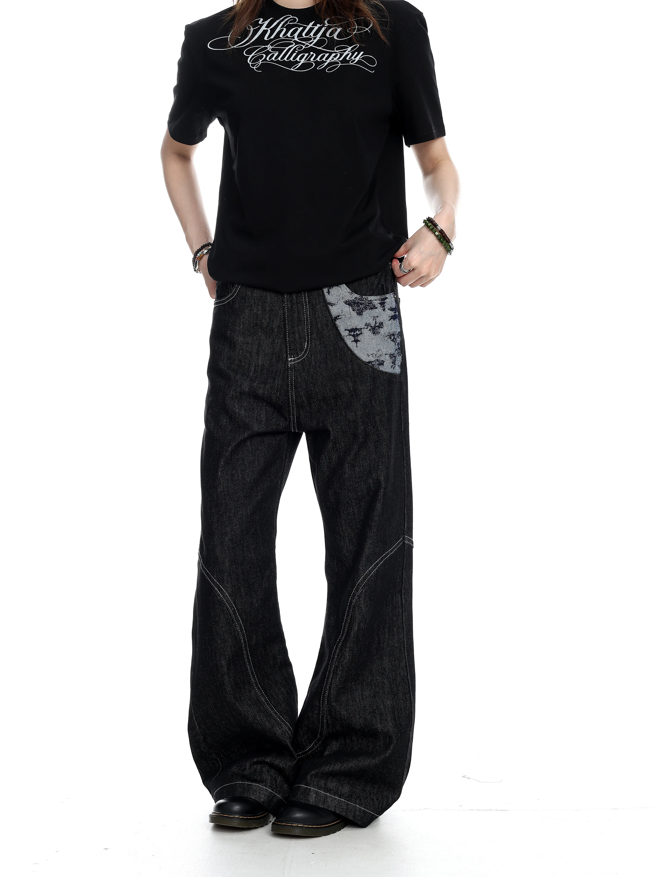 Calça Jeans Original de Perna Reta Solta Unissex com Estampa de  e Detalhes em Splicing, Calça Longa Casual Estilo Jovem