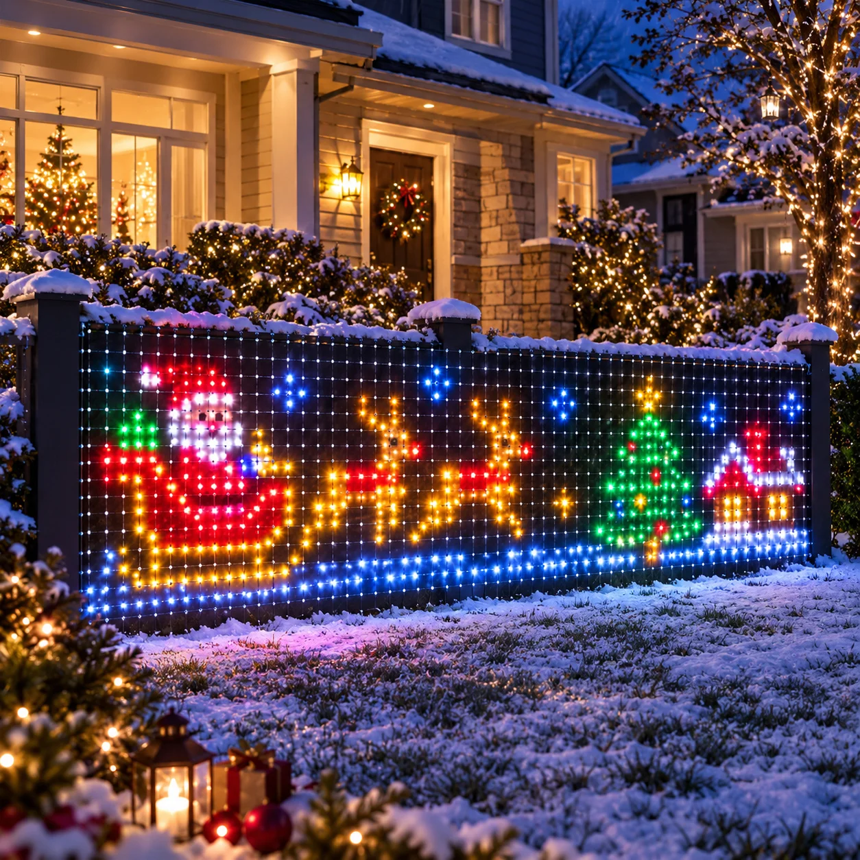 Custom Christmas Net Lights Set Phone App RGBIC Draw Pixel Pattern Multicolor Outdoor Fence Yard Decoration