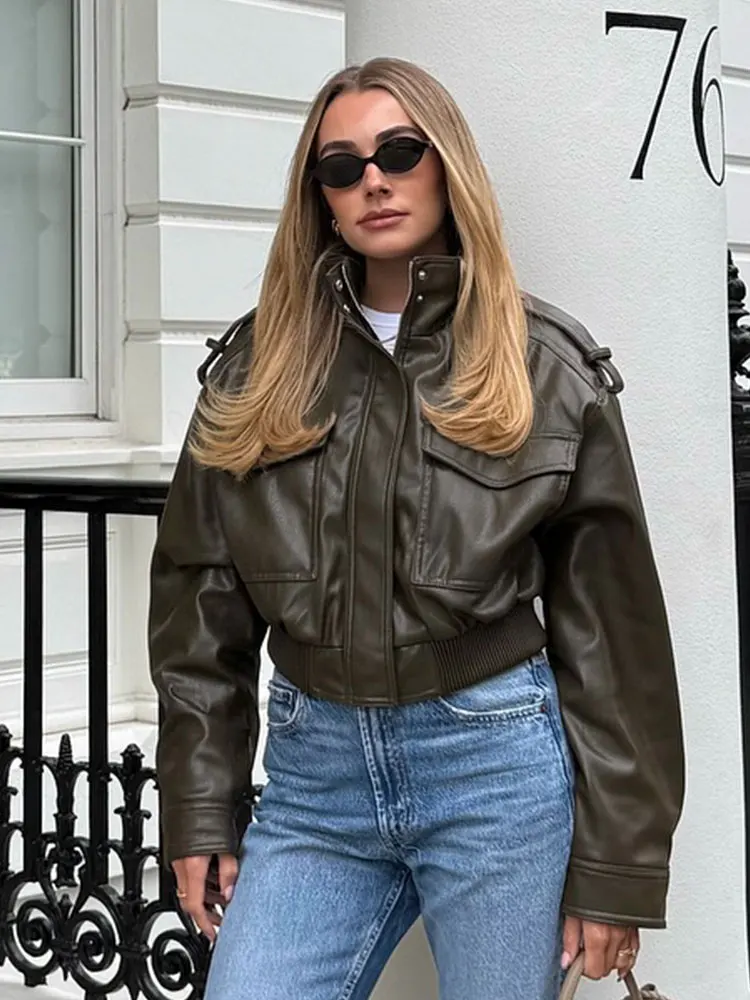 HH femmes Vintage fermetures éclair courtes vestes en cuir Pu à manches longues pardessus veste manteaux 2025 automne nouvelle dame Chic Streetwear