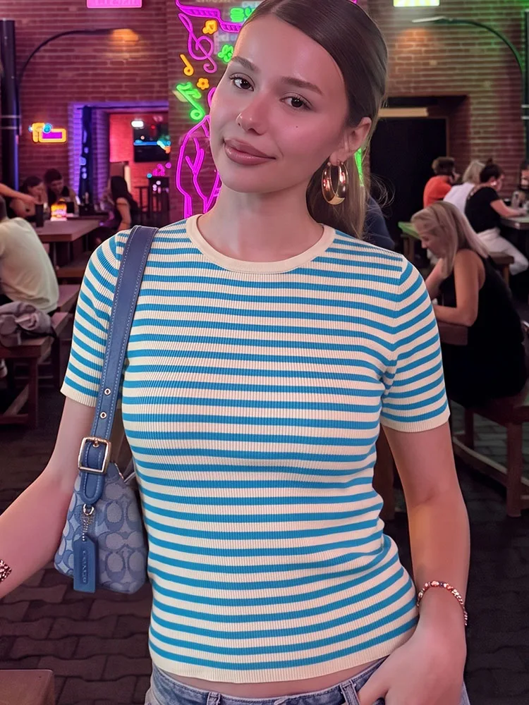 HH Women Summer Elegant Striped Knit T-Shirt Crew Neck Short Sleeve Slim Fit Soft Versatile Top For Holiday Dinner Date Party