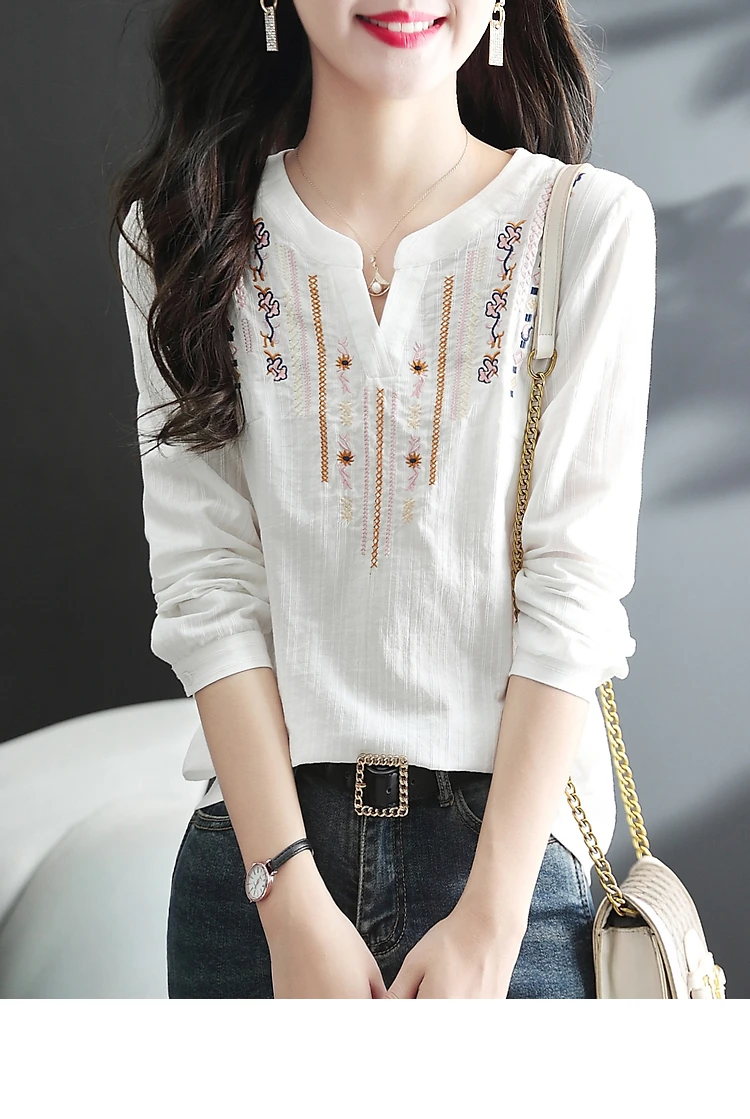 Women Spring Autumn White Blouses Lady Casual Embroidery V-Neck Long Sleeve Vintage Loose 100%Cotton Tops