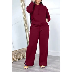 Plus Size Daily Pant Sets Casual Black Fall Winter Hoodie Long Sleeve Cotton Two Piece Pant Sets With Pocket