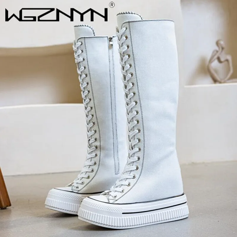 

НОВЫЕ роскошные ботинки на платформе, женские парусиновые повседневные высокие туфли, длинные ботинки на шнуровке на молнии, удобные кроссовки на плоской подошве Tenis Feminino