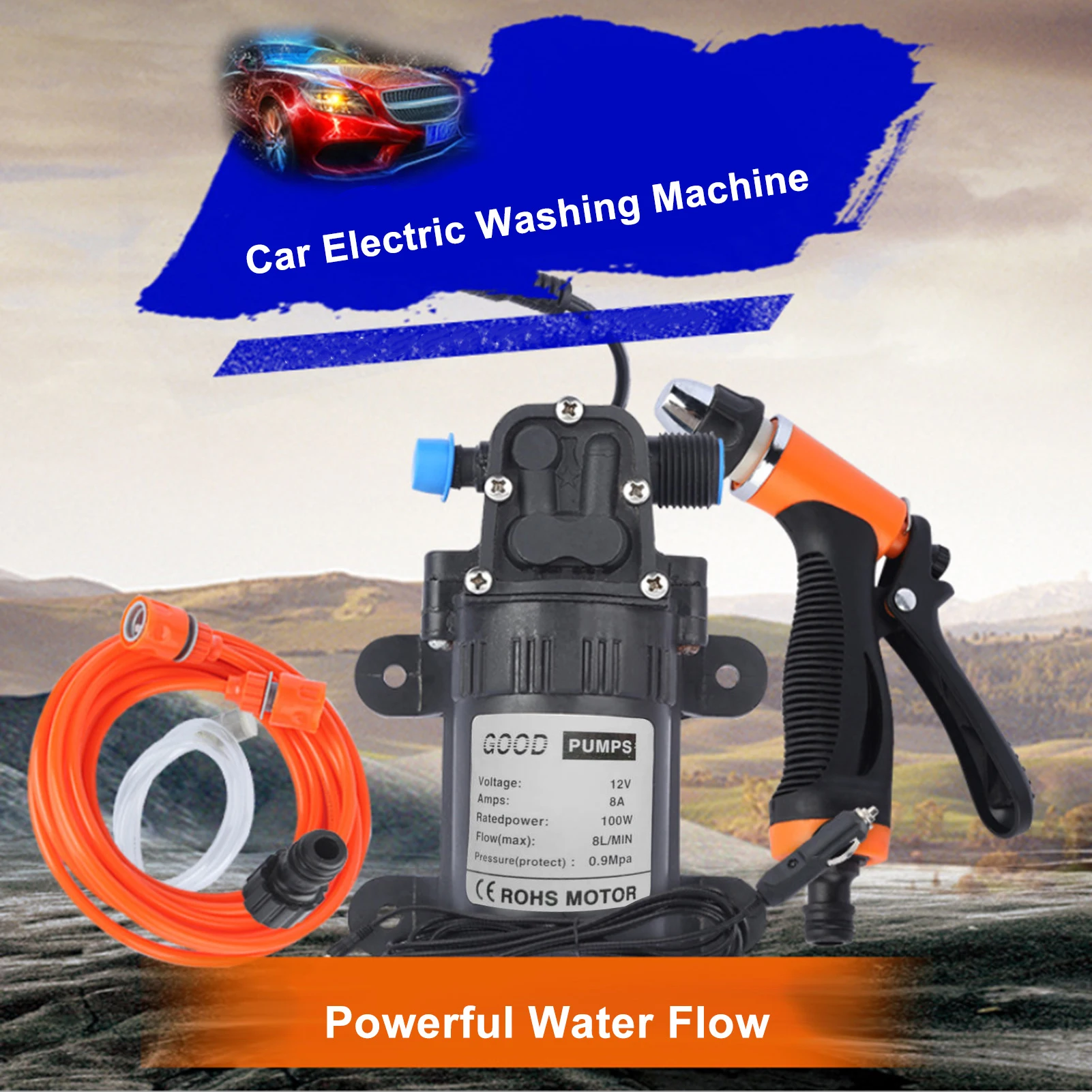 High Pressure Car Washing Machine Kit 12V Electric Pump + Wash Sprayer 2 Modes + Power Cable + Hoses