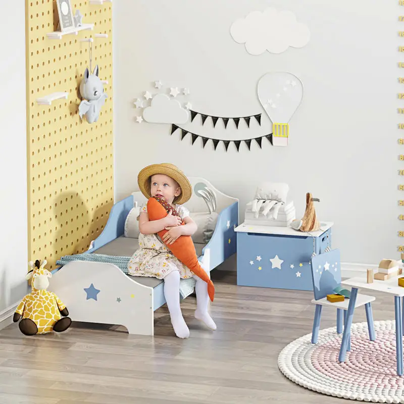 Lit pour enfants de 3 à 6 ans, design étoiles, sommier à lattes, incluant chambre moderne, 143 x 74 x 59 cm, bleu blanc