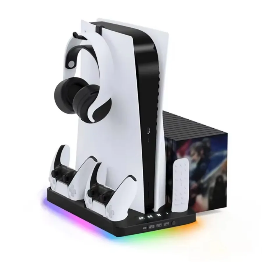 PS5 P5 Stand Cooling Station with RGB Light and Cooling Fan Dual Controllers Charger for Game Accessories