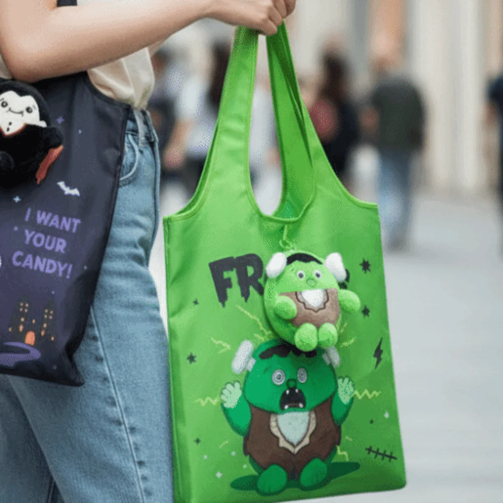 Solid Color Halloween Grocery Tote Mini Space-Saving 2-in-1 Bag Charm Pouch Ultra-Lightweight Quick-Folding
