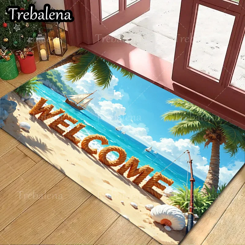 

1pc Welcome Door Mat Beach Welcome Mat Ocean View Palm Tree Decorative Doormat For Home Entryway