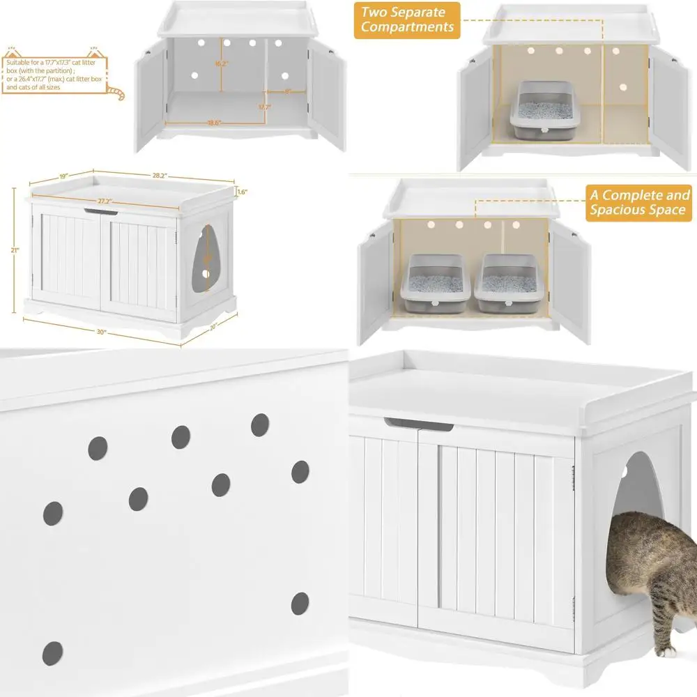 

White Stylish Cat Litter Hideaway with Storage, Large Kitty Washroom Furniture Bench