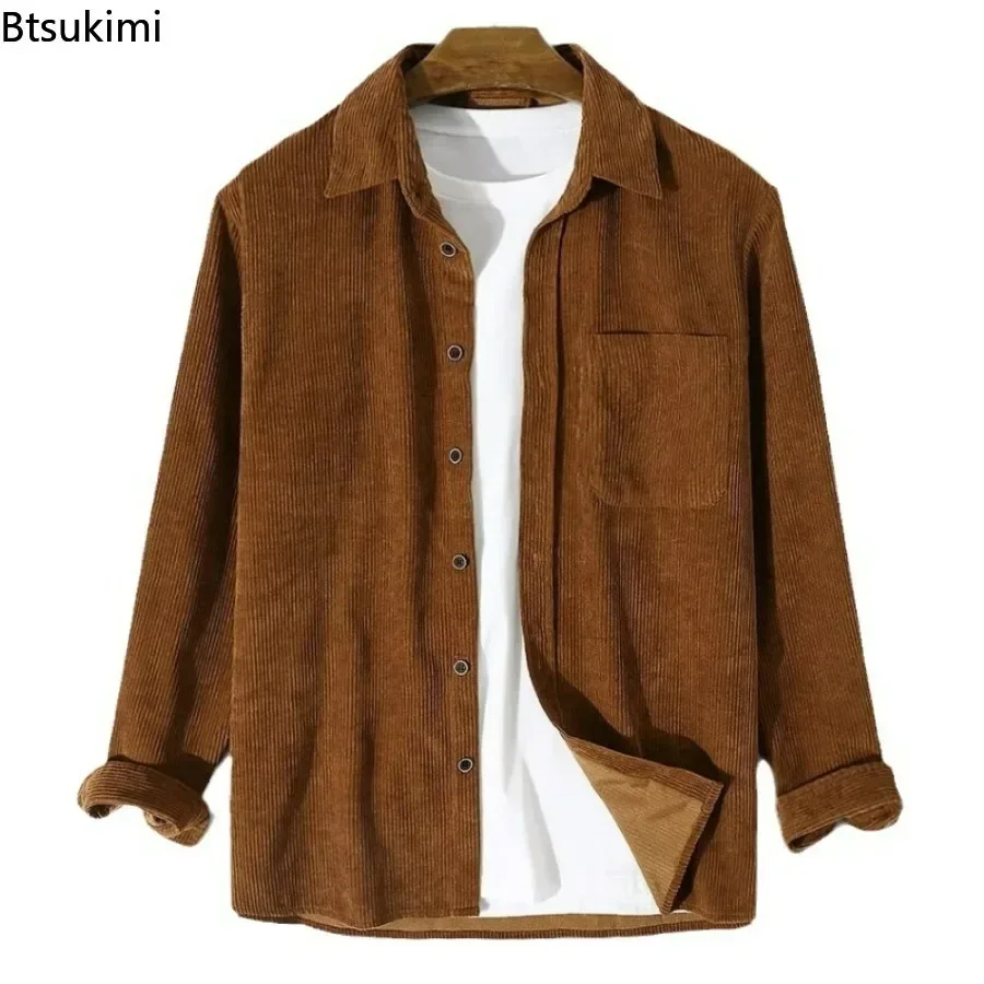 New 2025 Men's Corduroy Long Sleeve Shirts Autumn Casual Turn Down Collar Solid Casual Shirts with Pockets Streetwear Loose Tops