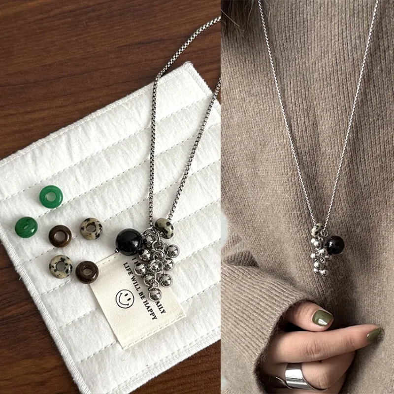 Niche Natural Stone Titanium Steel Grape Skewers with Round Ball Design Versatile Sweater Chains Instagram Fashion Accessories