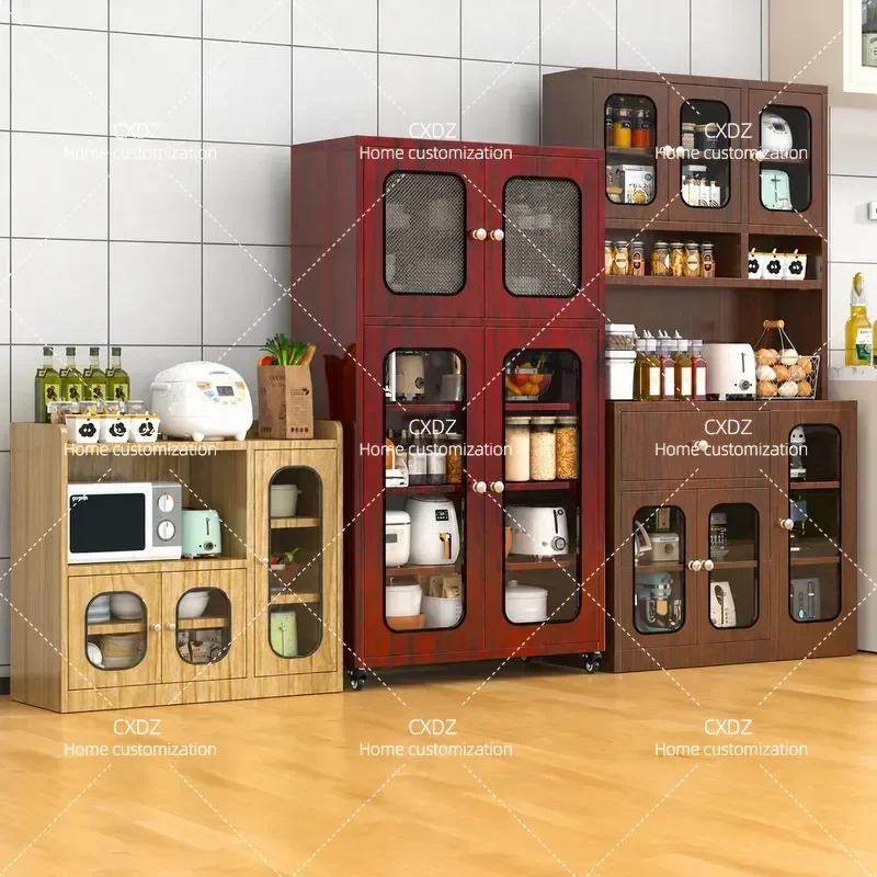 304 Stainless Steel Side Cabinet Wood Grain Kitchen Storage for Bowls Pots Tea Restaurant Prep Household Organizer