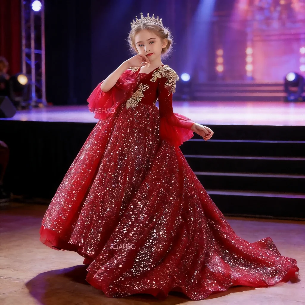 New Red Children Girls Party Dress Puffy Tulle Princess Gown for Host Fashion Show Dresses Costumes Birthday Stage Performance