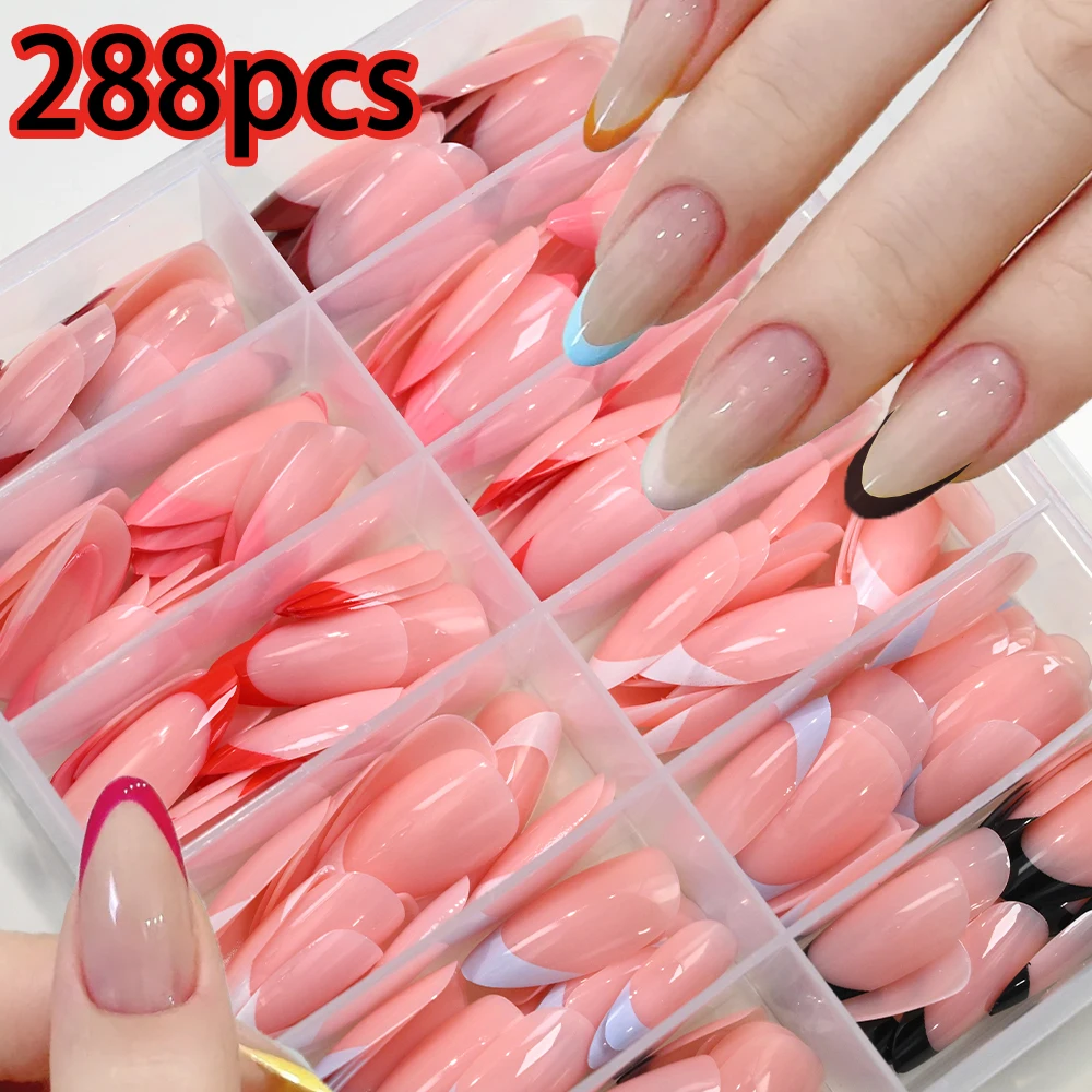 

288pcs Simple Elegant French Almond Press On Fake Nails White Black Pink Glossy French Full Cover Fake Nails Soft Gel Nail Tips