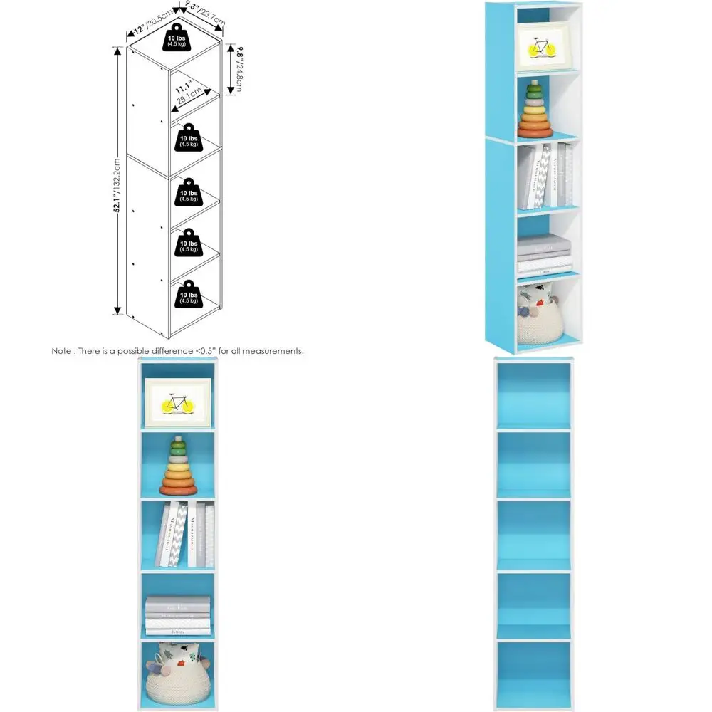 

5-ярусный светло-голубой/белый современный книжный стеллаж, 9x12x52, открытый стеллаж для дома, офиса, жилых помещений