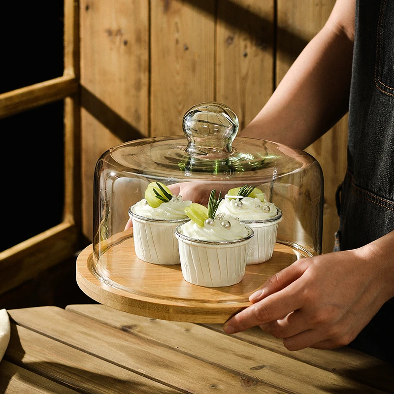 Glass Cake Stand Transparent Dust Cover Dining Afternoon Tea Display Tableware Dessert Tray Sample Taste Creative Pattern Sho...