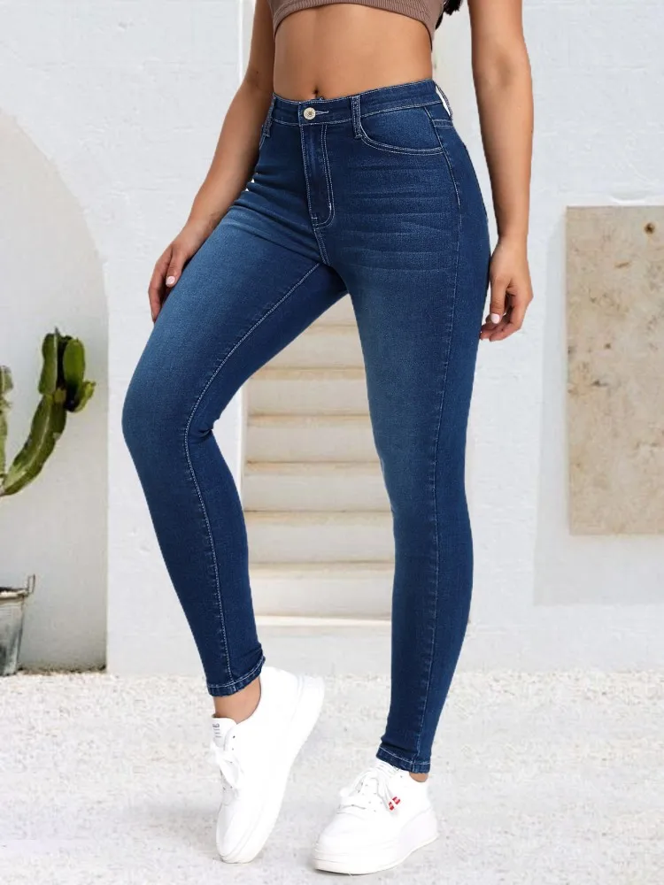 

Blue fashionable cat whisker elastic tight fitting small leg jeans
