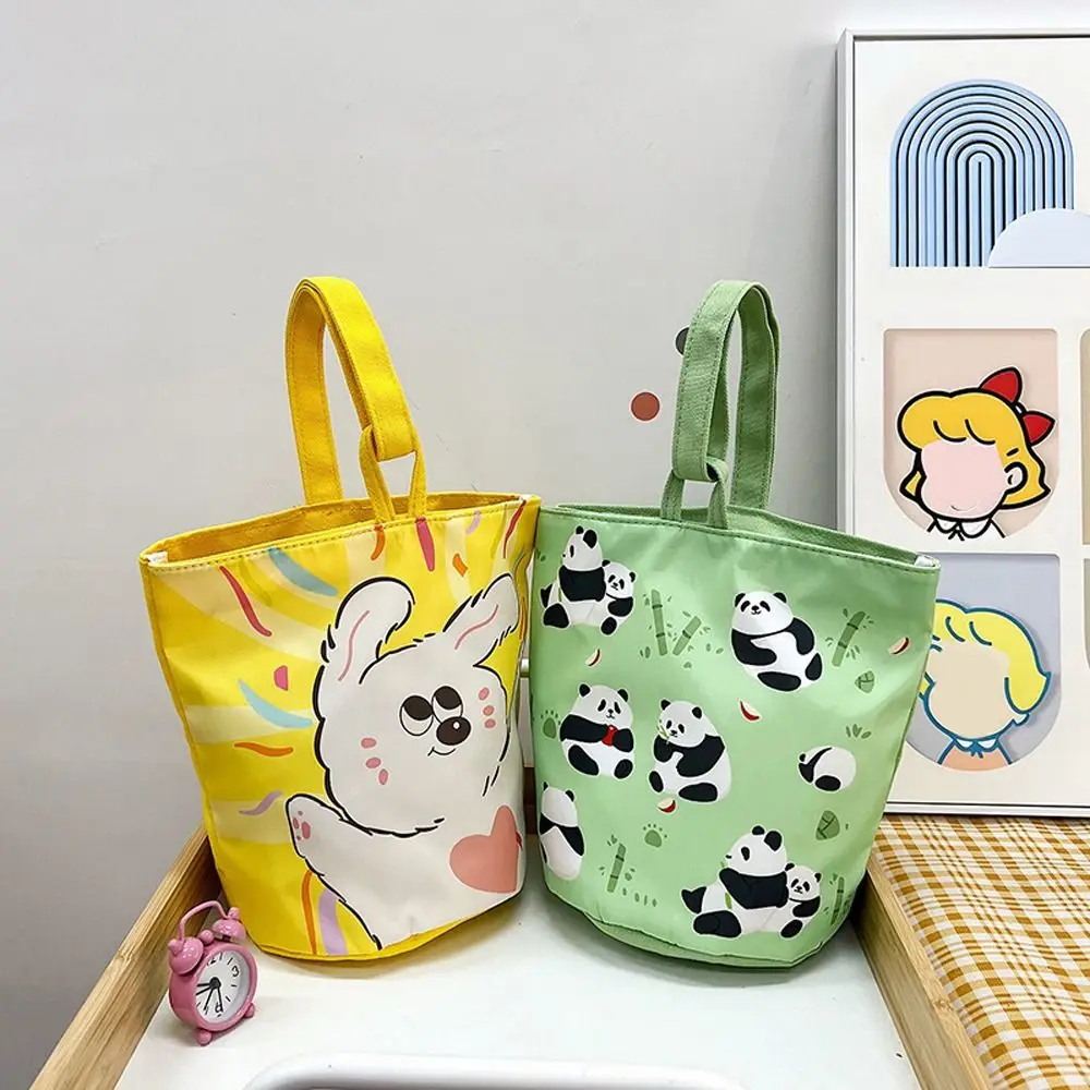 Panda Cartoon Canvas Bucket Bag Cartoon Girl Strawberry Rabbit Print Handbag Korean Style Lunch Bag Canvas Cat Shoulder Bag