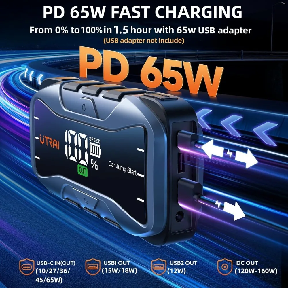 UTRAI 8000A محمول للقفز للسيارة، بطارية 12 فولت، صندوق قفز 27000 مللي أمبير في الساعة لجميع محركات الغاز والديزل 12 لتر، 65 وات سريع Cha