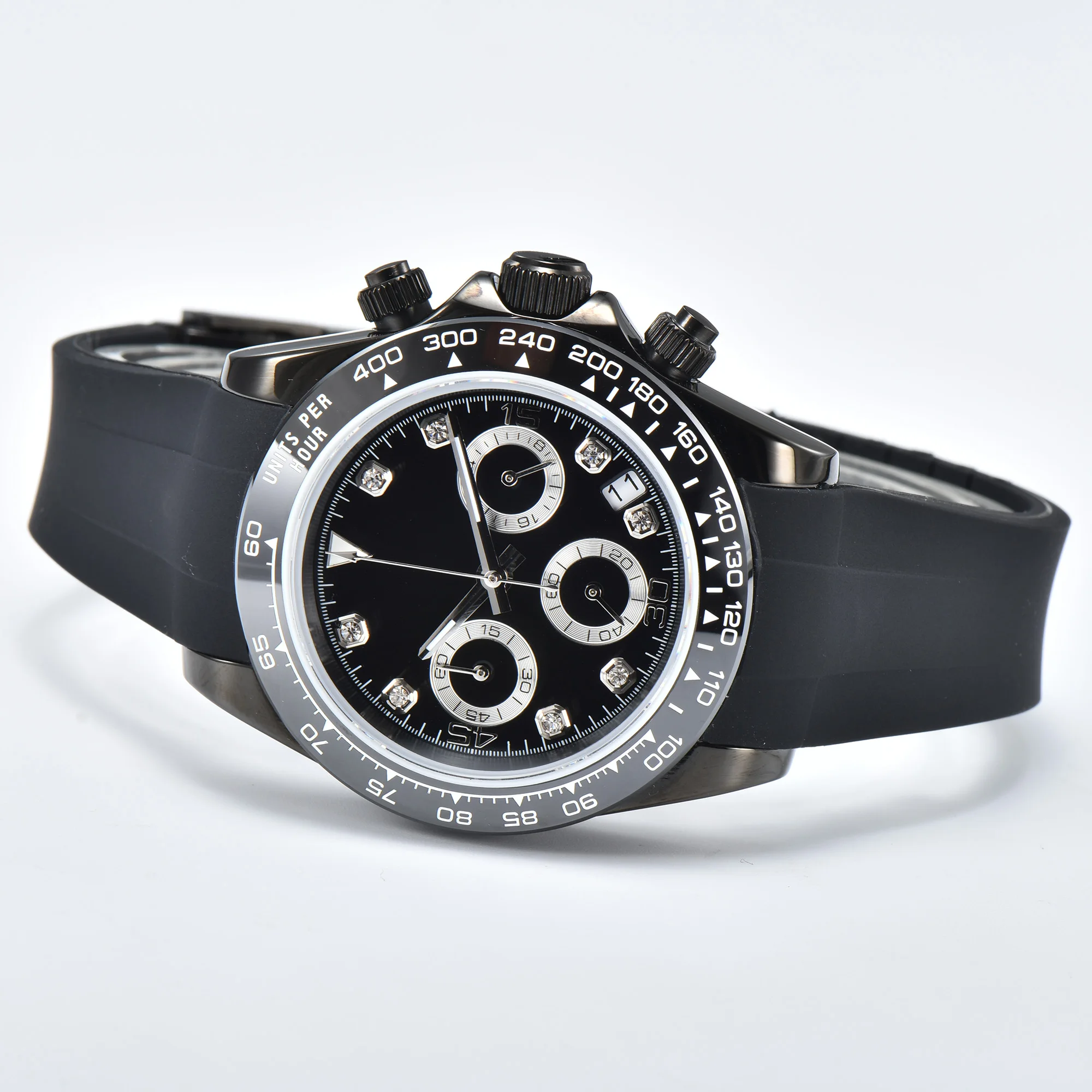 Reloj cronógrafo personalizado para hombre con caja negra/dorada PVD de 40mm, esfera estéril, pulsera de acero con cristal de zafiro, reloj deportivo de cuarzo para hombre