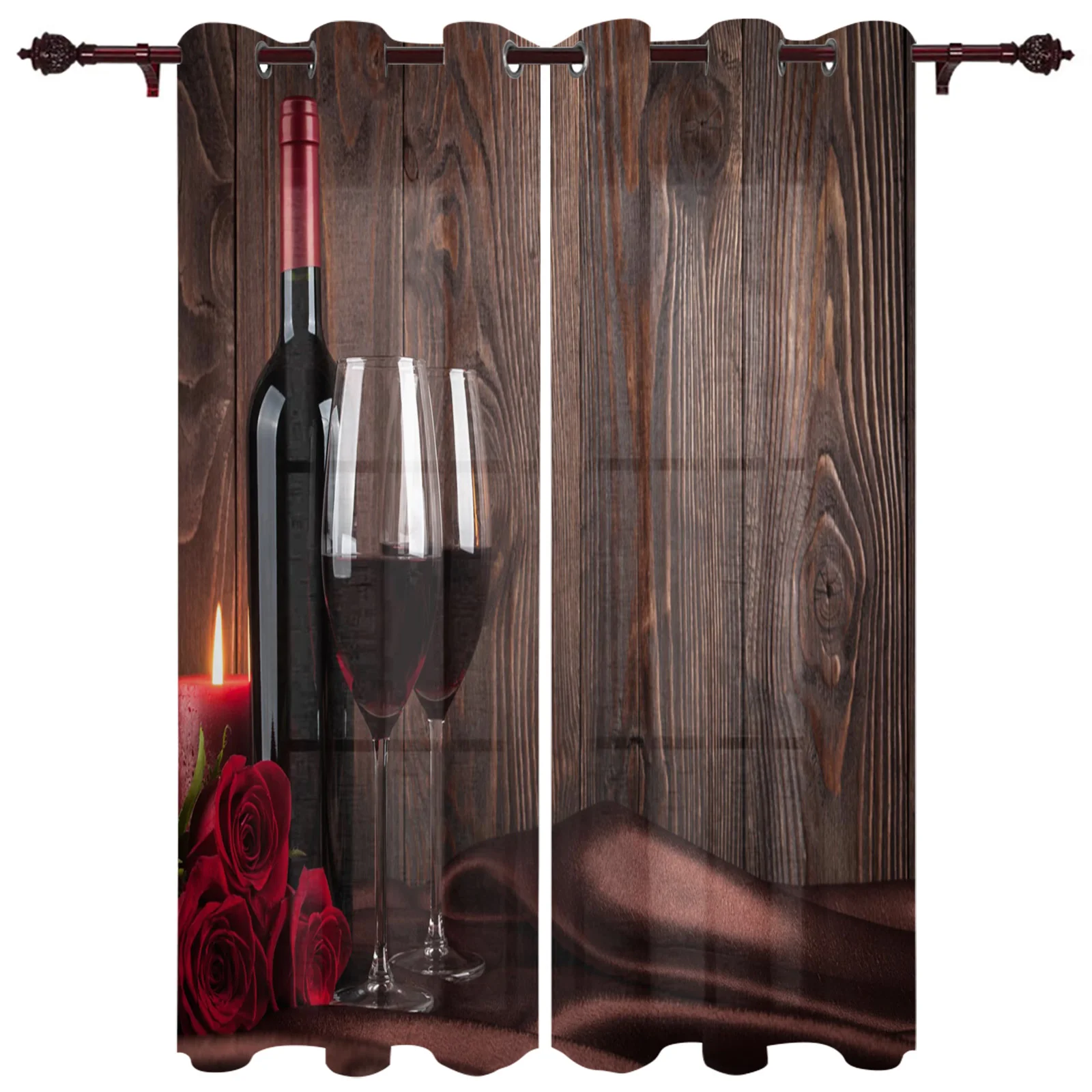 Red Wine Wooden Board Roses Window Curtains for Living Room Luxury Bedroom Kitchen Window Treatments Curtains