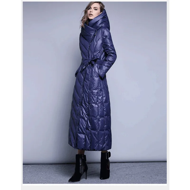 الفاخرة عالية الجودة أسفل سترة الإفراط في الركبة سترة منفوخة معطف شتاء دافئ المرأة الأبيض بطة أسفل معطف سليم مبطن حزام #2