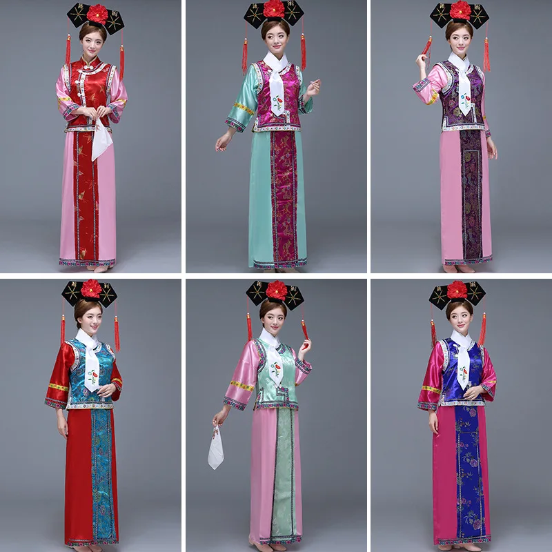 Chinese Qing Dynasty Hanfu Dress Cosplay Princess Pearl Costume Manchu Flag Clothing Exquisite Print Flower Folk Dance Dress