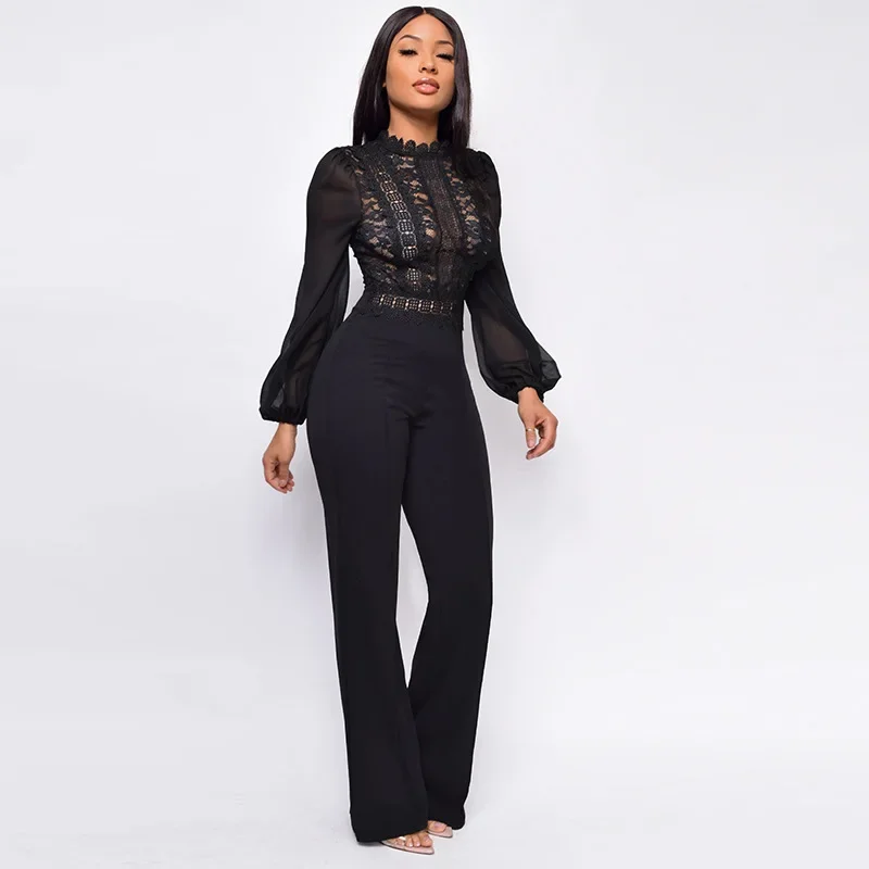 

Spring And Summer Women's New High-waisted Straight Onesie Turtleneck Lace Long-sleeved Jumpsuit Temperament Commuting Fashion