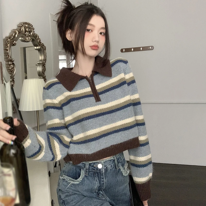 Loose Preppy Style Sweater Top Lapel Stripes Short Pullover Korean Version Zipper Decor Fashionable Contrast Color All-Match Top