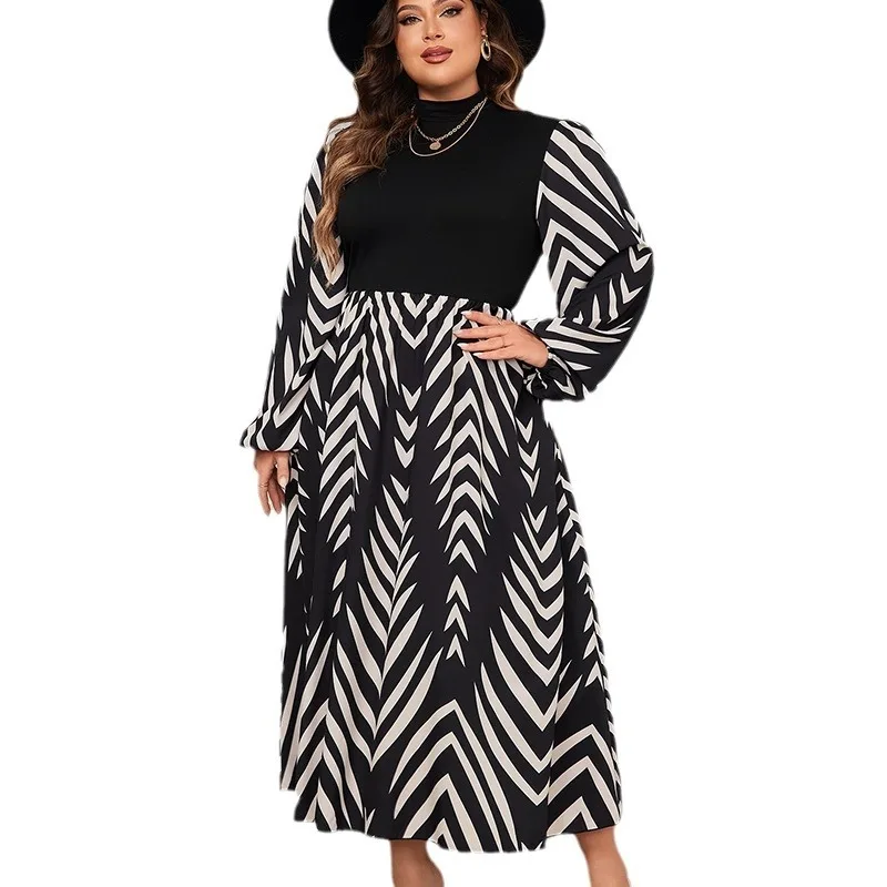 Plus Size Maxi Dresses Splicing Long Sleeved Dress Autumn New Collection Slimming Elegant Bubble Sleeves High Waisted Long Skirt