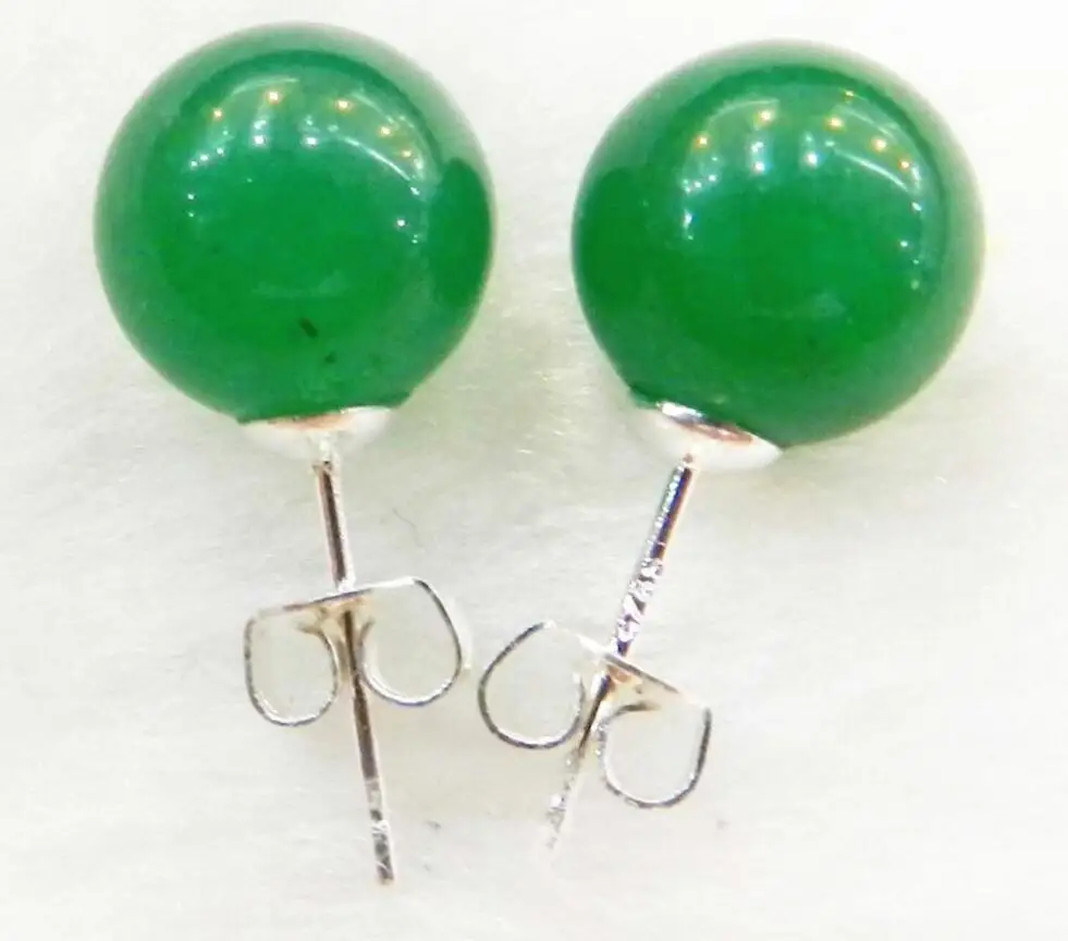 

10mm Natural Green Jade Round Beads 925 Sterling Silver Earrings