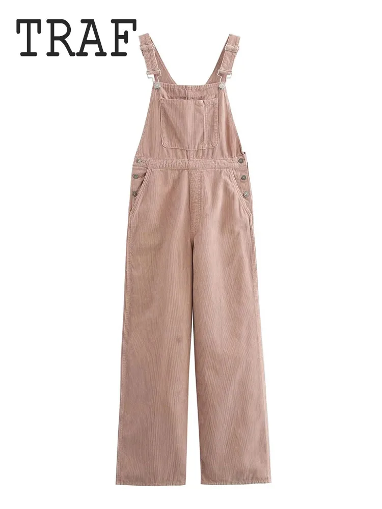 TRAF Autumn Rompers Pink Wide Leg Playsuits Women Casual Straps Suspender Overalls Vintage Corduroy Jumpsuits Overszie 2024