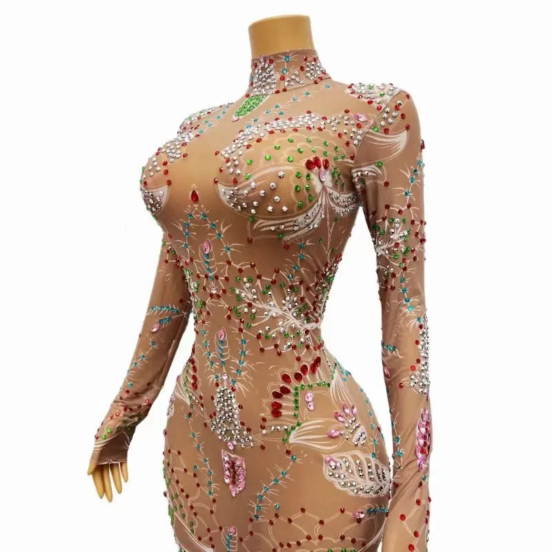 Mode Lange Ärmeln Bunte Strass Kleid Frauen Party Mesh Abendkleider Festival Outfit Bühne Leistung Tragen XH