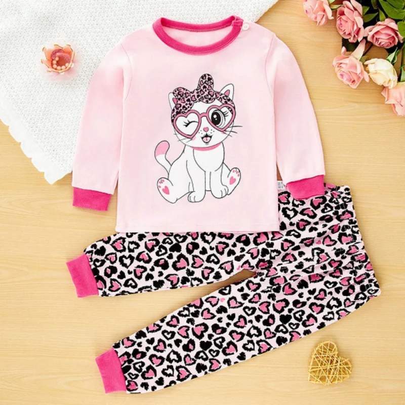 2pcs/set Kids Pyjamas for Boys and Girls Lovely Cartoon Cat Cotton Cozy Two-Piece Sleepwear Toddler Children Homewear Pajamas