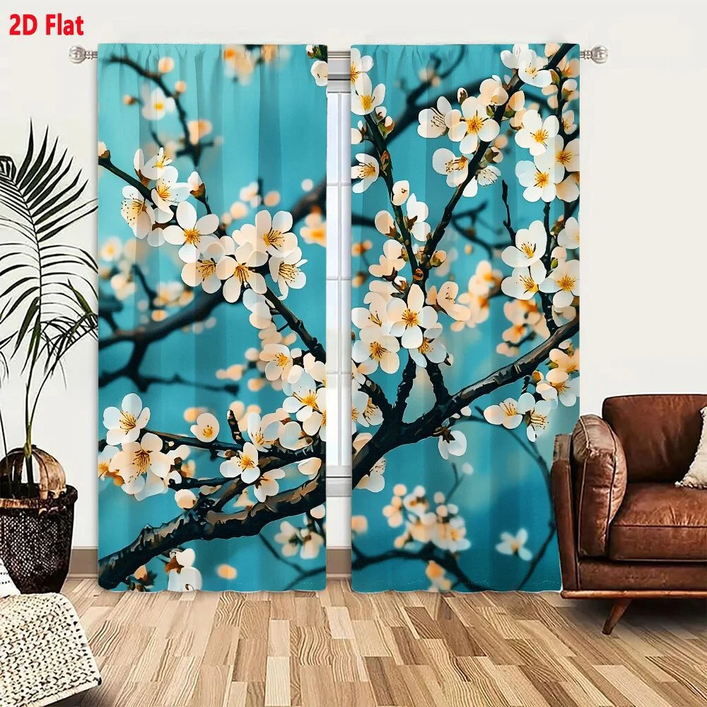 2Pcs Curtains 2D Flat Delicate White Flowering Tree Branch With Pale Yellow Center And Green Buds On Teal Blue Background Window