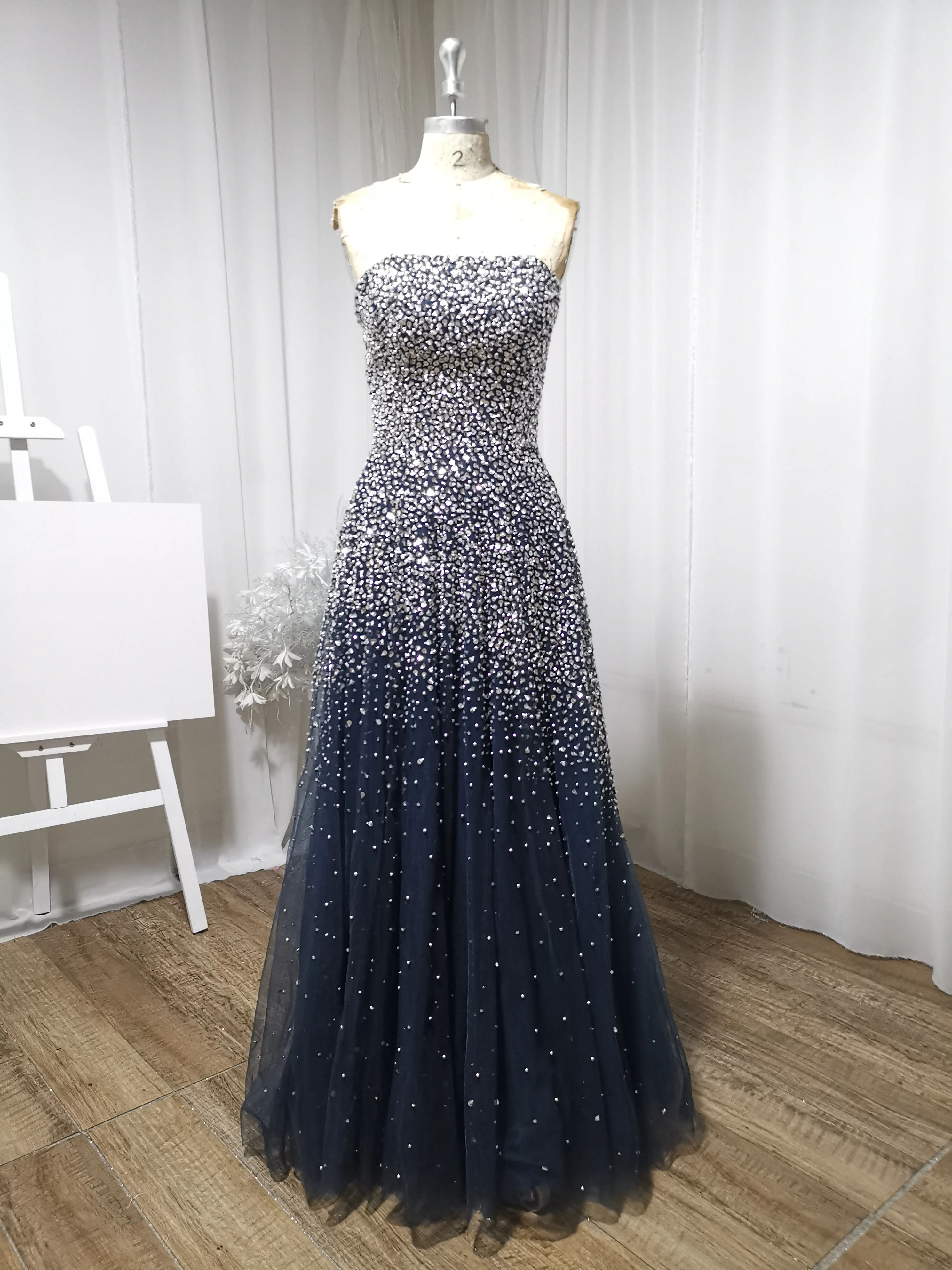 Luxury Handmade Beaded Ball Gown Off Shoulder Tulle Long Navy Blue Black Girls Favorite Party Dress