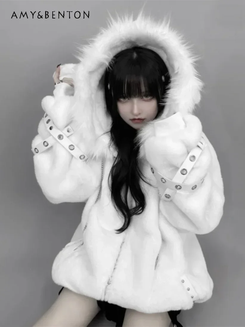 Harajuku Mine Series Sweet Cool Plush Coat Women Autumn Winter Subculture Punk Cute Lamb Ears Hooded Thickened Oversized Coat