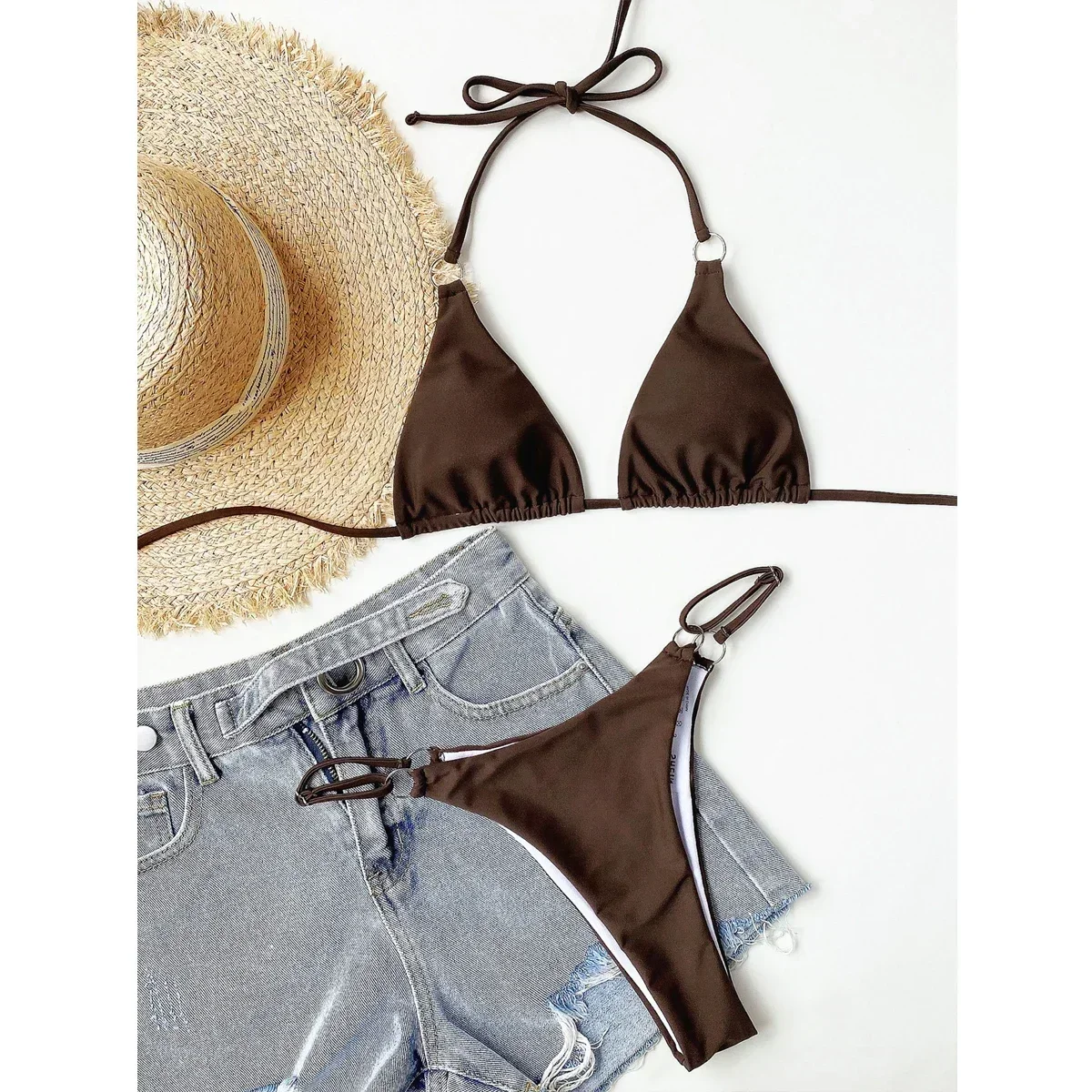 

2025 сплошной цвет купальник женский комплект из 2 предметов бикини сексуальный треугольный чашка Холтер на шнуровке с открытой спиной купальный костюм с низкой талией летняя пляжная одежда