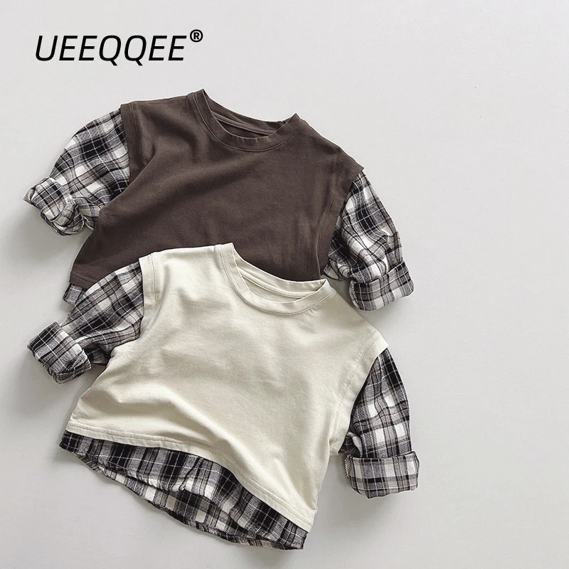 Spring Autumn Children T-Shirts 1-8Y Boys Cotton Patchwork Plaid Long Sleeve T Shirts Korean Tops Tees Toddler Wear Kids Clothes