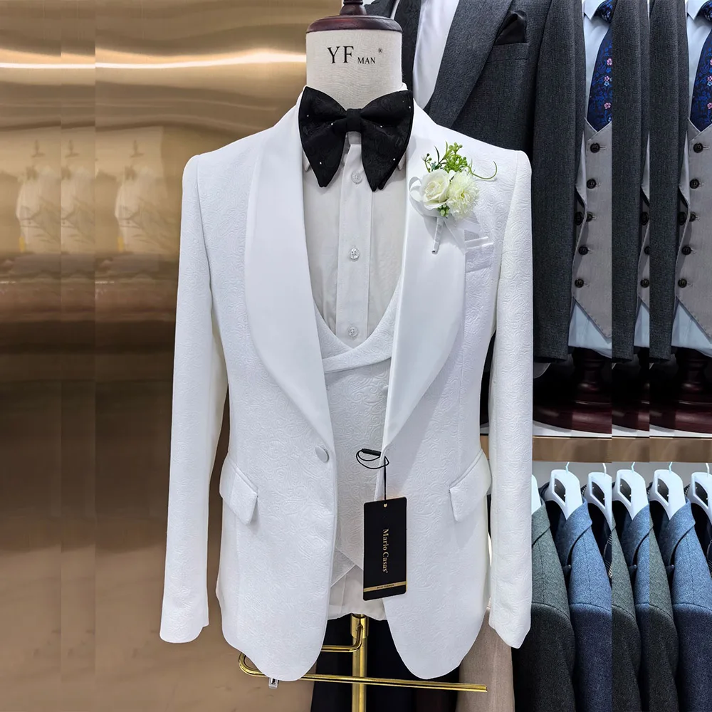 

Slim Fit One Button Shawl Lapel Wedding Men's Suits Regular Length Jacquard Fabric Double Back Vent 3 Piece Jacket Pants Vest