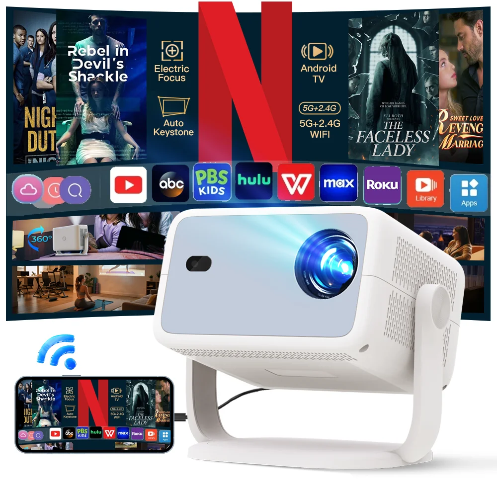 Smart Projector Native 1080P Support 4K, 800 ANSI HD Brightness, Android 11.0, WiFi 6, Auto Focus & Keystone Correction