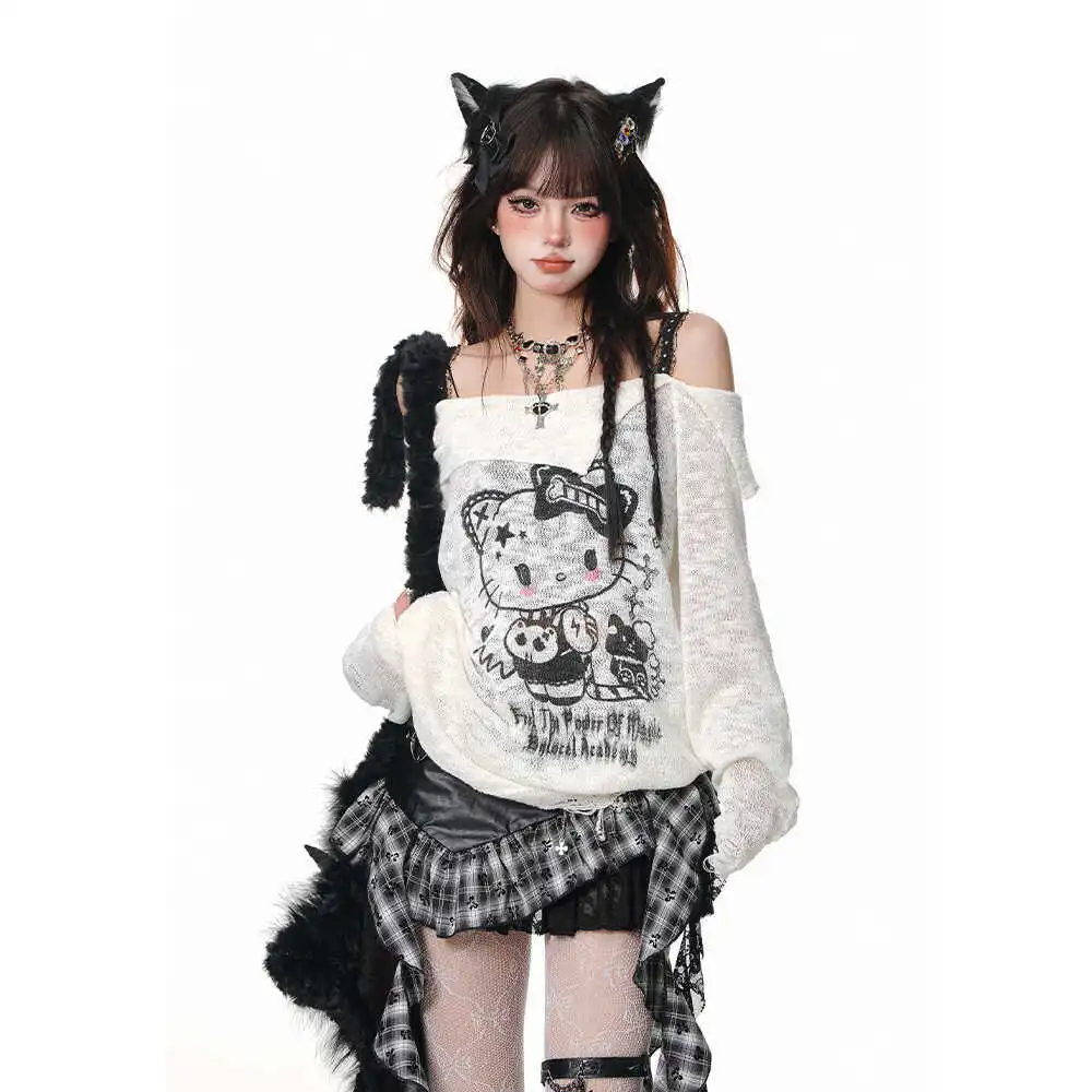 Sanrioed Hello Kittys American Style Long Sleeved T-Shirt Women's Summer Loose Y2K Spicy Girl Off Shoulder Fake Two Piece Tops