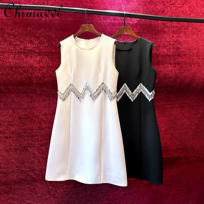 

Heavy Sequins Exquisite High-end Beaded Sleeveless Party Dress 2024 Autumn Fashion Round Neck Slim Elegant Short Womens Dresses