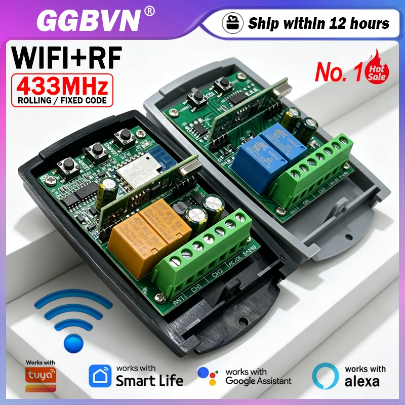 Universal 2CH 10A Wifi Smart Switch Module Receiver Works With Tuya and 433MHz 433.92MHz Fixed Rolling Code Gate Remote Control