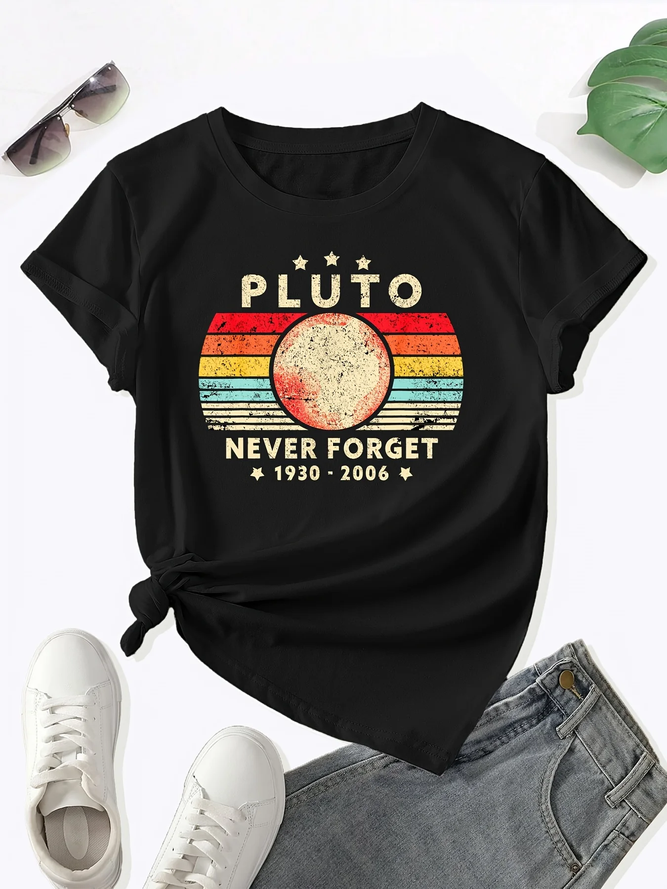 Pluto Never Forget 1930-2006 Stripe Letter Printed Crew Neck T-Shirt Woman Casual Short Sleeve Top for Women's man Clothing